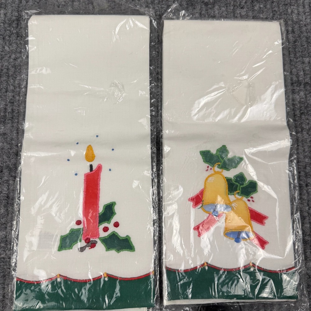 Vtg 80s Lillian Vernon Christmas Guest Towels SET of 2 Appliqué Cotton NEW 1984